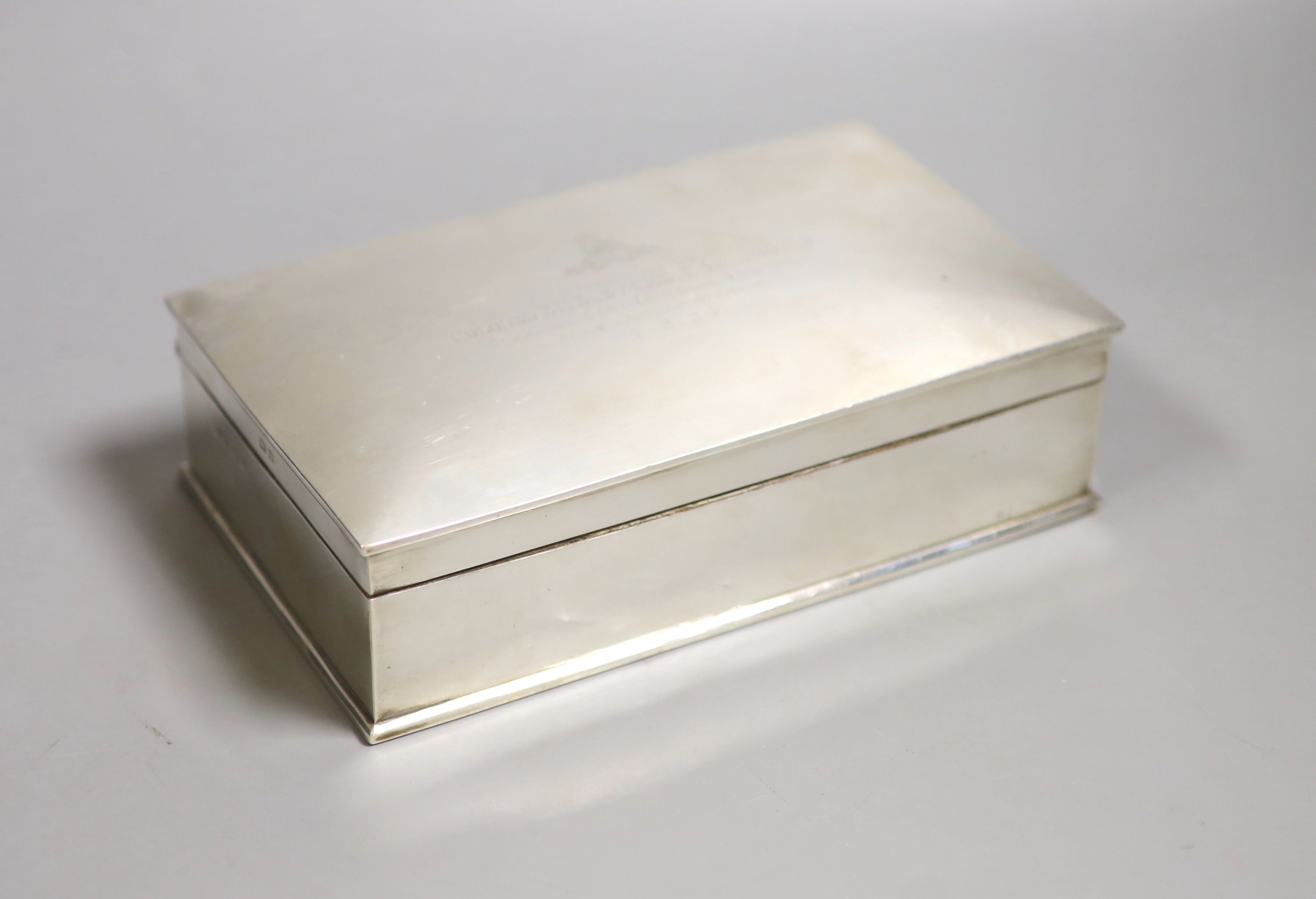 A George V silver mounted rectangular cigar box by Walker & Hall, Birmingham, 1923, with engraved inscription to Colonel E.H. Eley, CMG, CBE, DSO, TD.